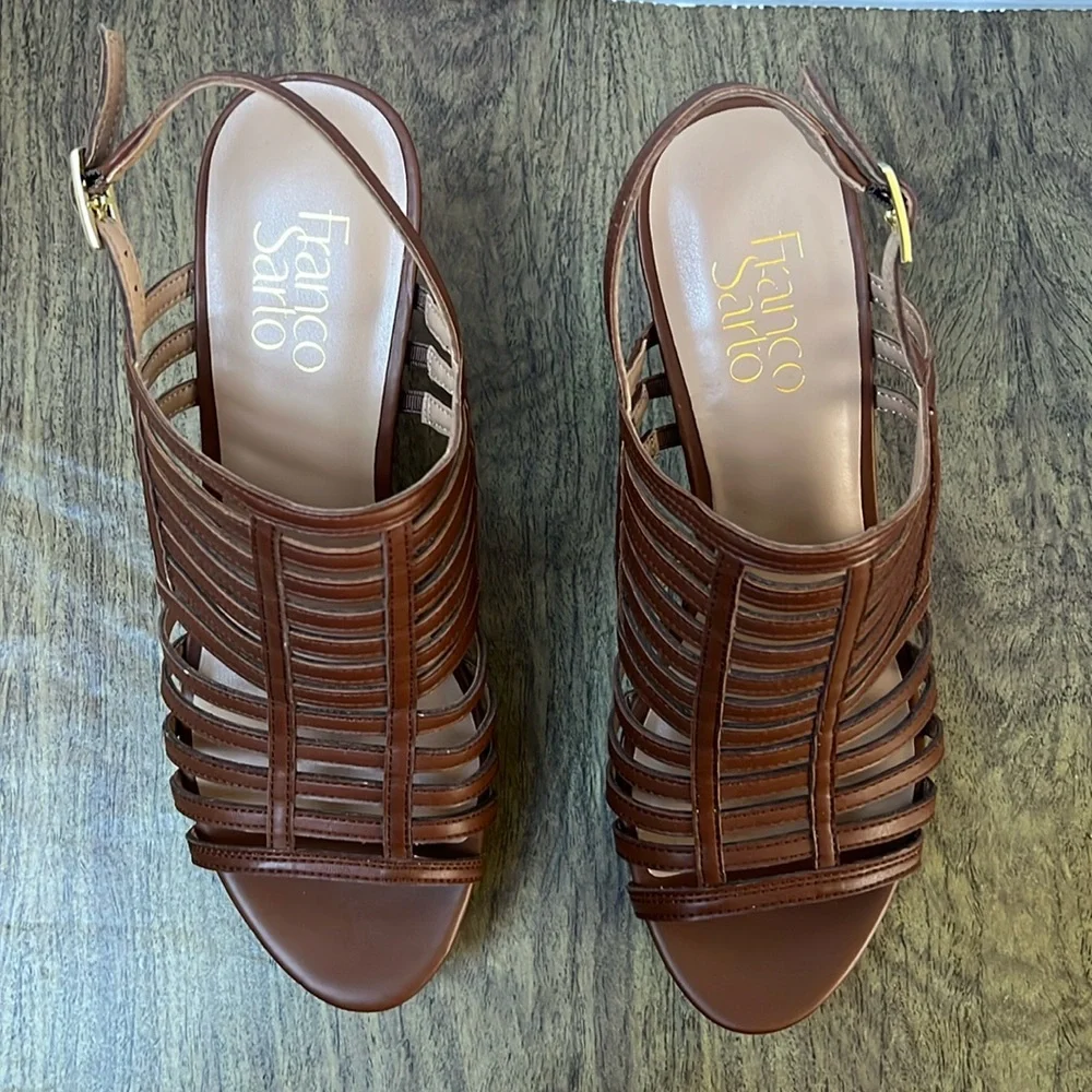 Franco Sarto Sombre Brown Cork Wedge Strap Platform Sandals Size 8.5